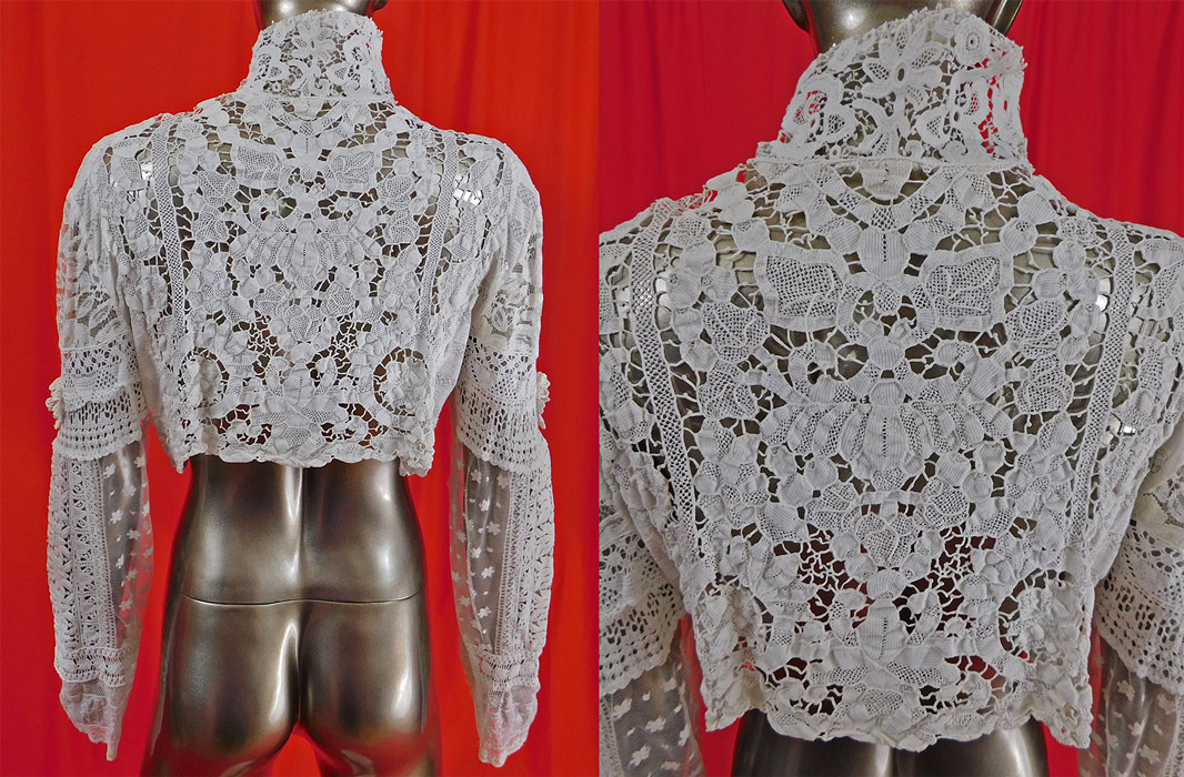Vintage Victorian Style Point de Venise Needle Lace White Patchwork Short Bolero Jacket 
This lovely lace jacket has a short cropped bolero shrug style, with an open front, no closure, long sleeves, an upturned collar which can be worn folded down and is sheer, unlined.