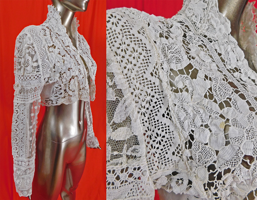 Vintage Victorian Style Point de Venise Needle Lace White Patchwork Short Bolero Jacket 
It is in good condition, with only a some slight faint yellowing discoloration on the front (see close-up).This is truly a beautiful custom made piece of Victorian inspired wearable art!