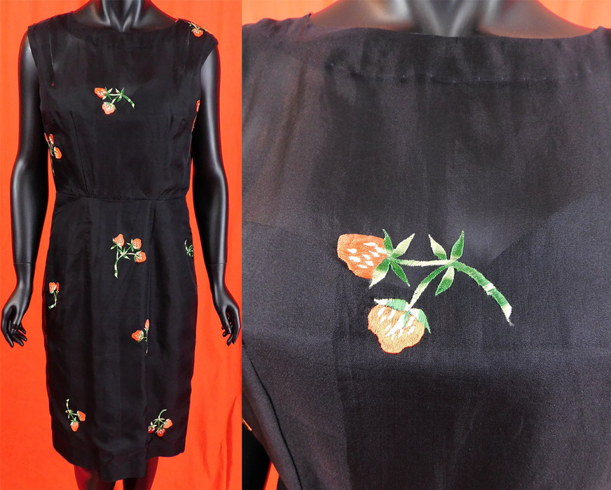 Vintage Black Organdy Organza Red Strawberry Embroidered Sheath Cocktail Dress
This luscious sexy strawberry sheath dress has a form fitting, sleeveless, knee length pencil skirt style, back zipper closure and is lined in a strapless sweetheart neckline slip sewn inside. 