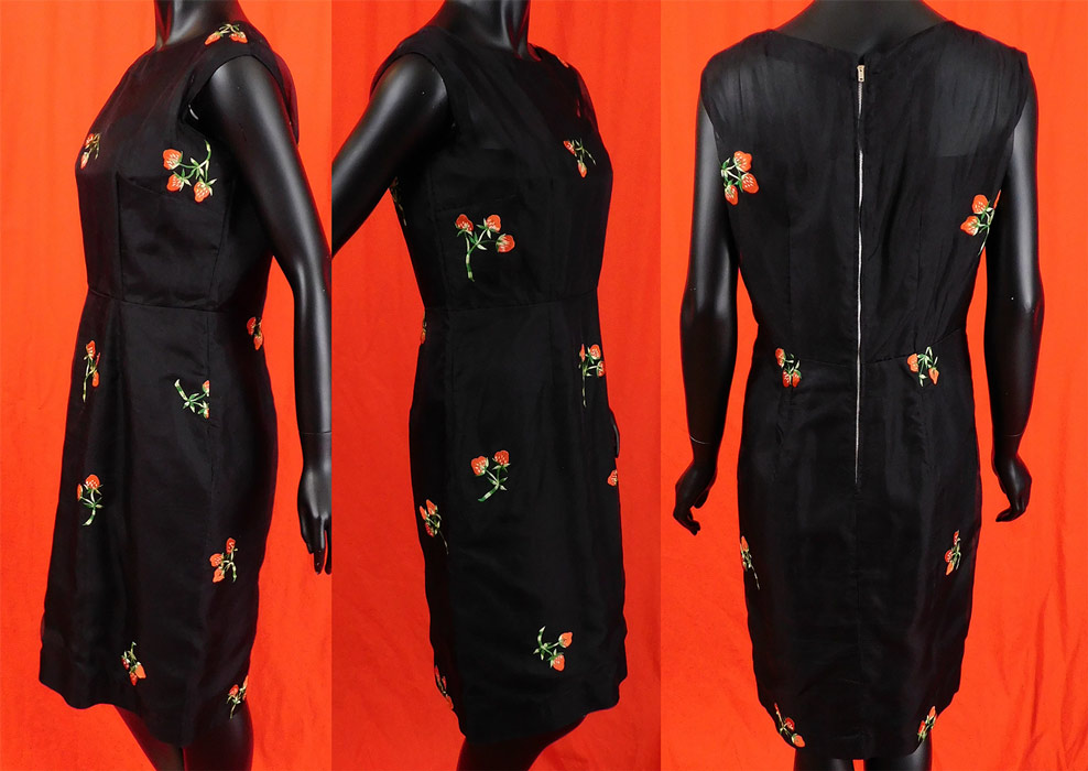 Vintage Black Organdy Organza Red Strawberry Embroidered Sheath Cocktail Dress
This vintage black organdy organza red strawberry embroidered sheath cocktail dress dates from 1960. It is made of a sheer black cotton organdy organza fabric with red strawberries, green ombre stem leaves embroidery work. 