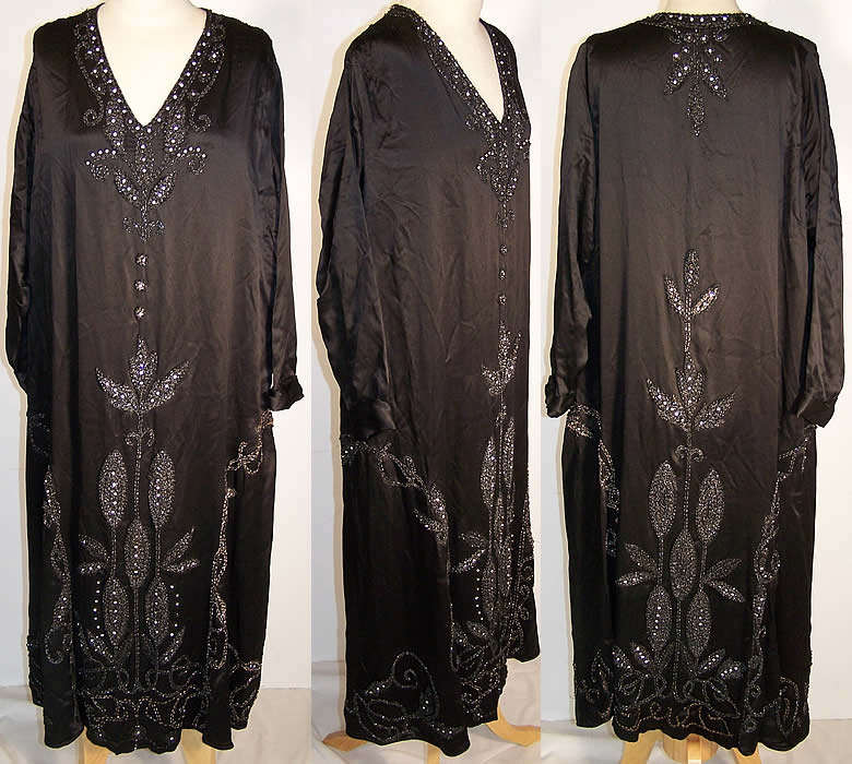 Art Deco Black Silk Beaded Drop Waist Flapper Dress Front view.