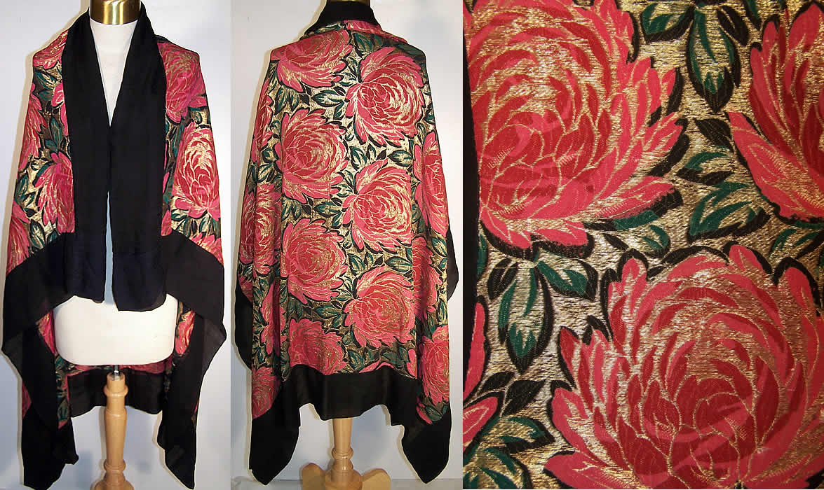 Art Deco Floral Gold Lamé Black Silk Chiffon Shawl Front view.