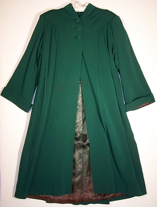 Green Gabardine Long Swing Coat Jacket Close up.