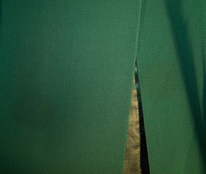 Green Gabardine Long Swing Coat Jacket Close up.