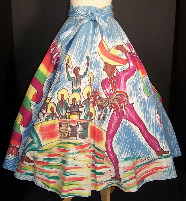 Hand Painted Mexican Cock Fighting Circle Skirt  Front view.