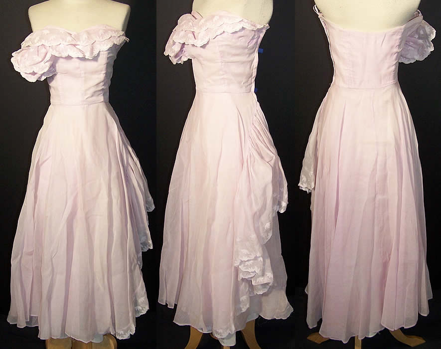 Lilac Organdy Embroidered Ruffle Strapless Dress  Front view.