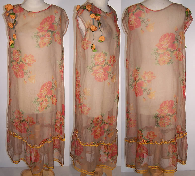 Orange Roses Silk Chiffon Rosette Drop Waist Dress Front view.