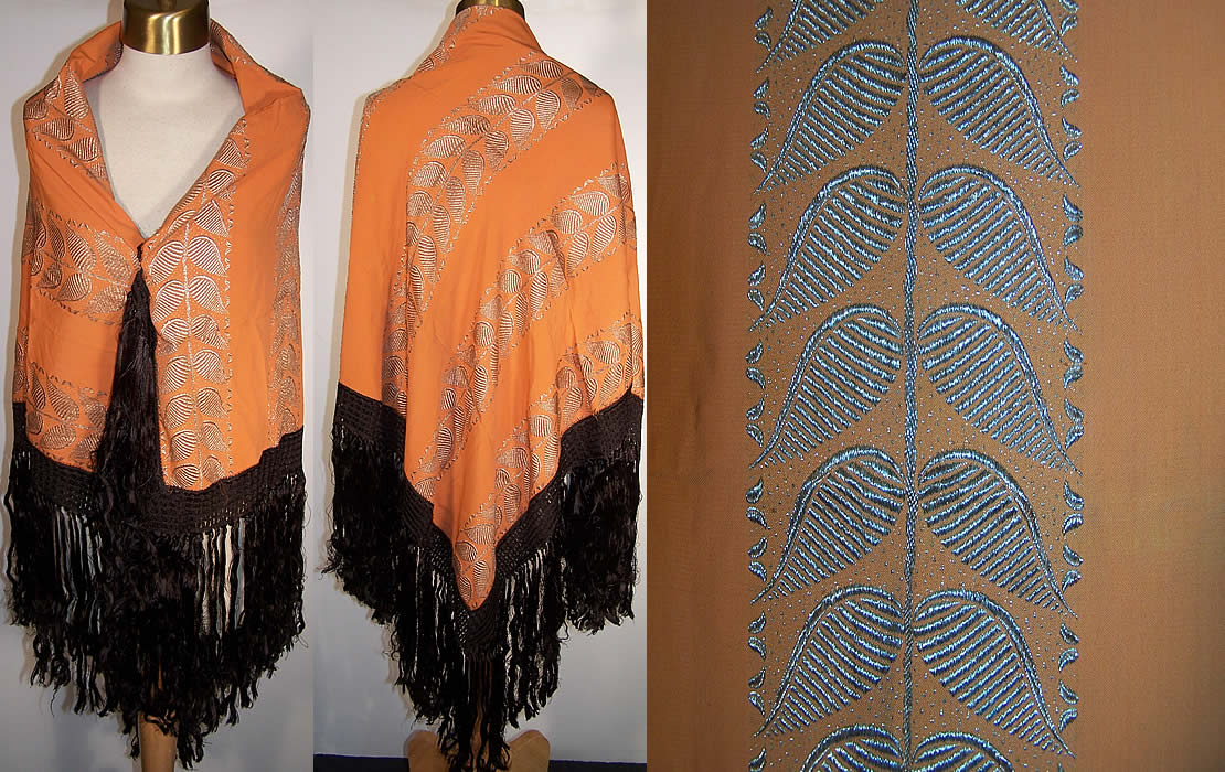 Art Deco Orange Silk Silver Lam&eacute; Fringe Shawl   Front view.