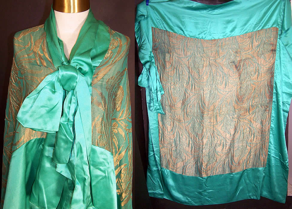 Art Deco Green Silk Gold Lam&eacute; Chiffon Cape Cloak Shawl  Back View.