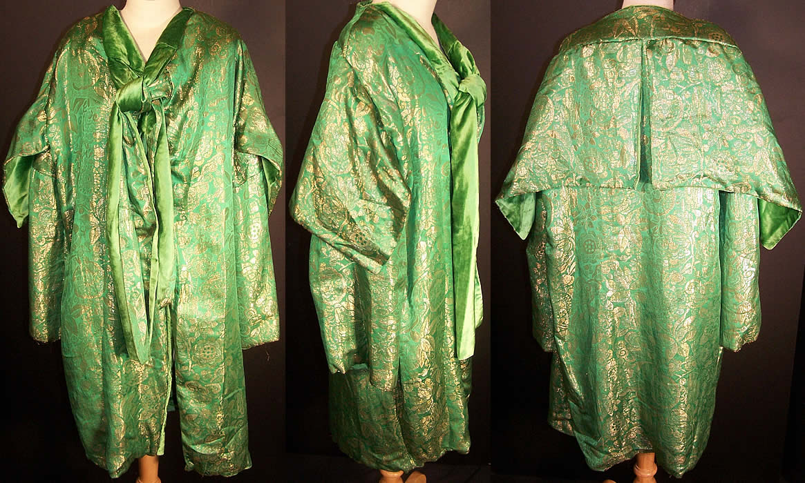 Art Deco Emerald Green Silk Velvet Gold Lamé Shawl Coat Front view.