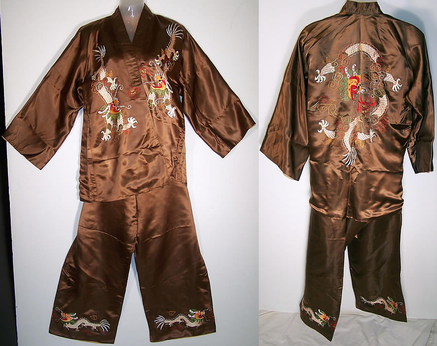 Brown Silk Embroidered Dragon Pajamas Lounge Set Front view.