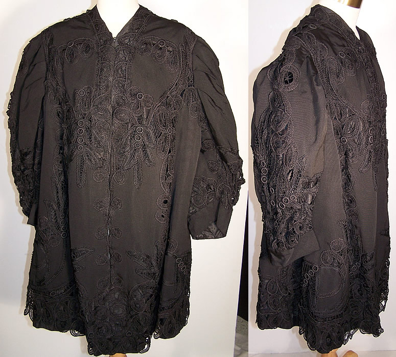 Edwardian Battenburg Tape Lace Black Silk Coat   Front view.