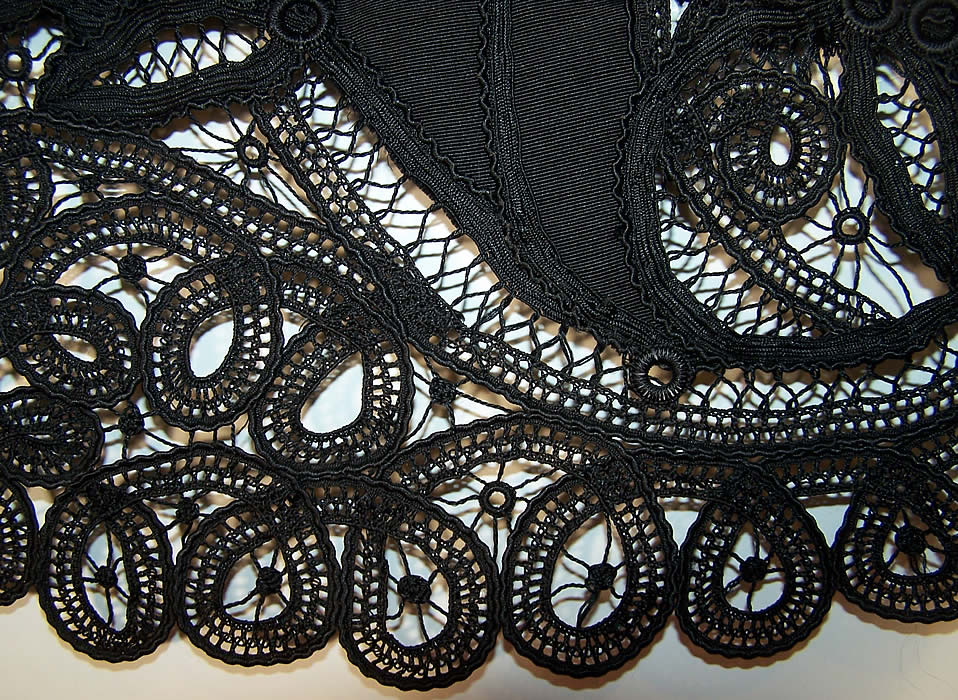 Edwardian Battenburg Tape Lace Black Silk Coat  Close up.