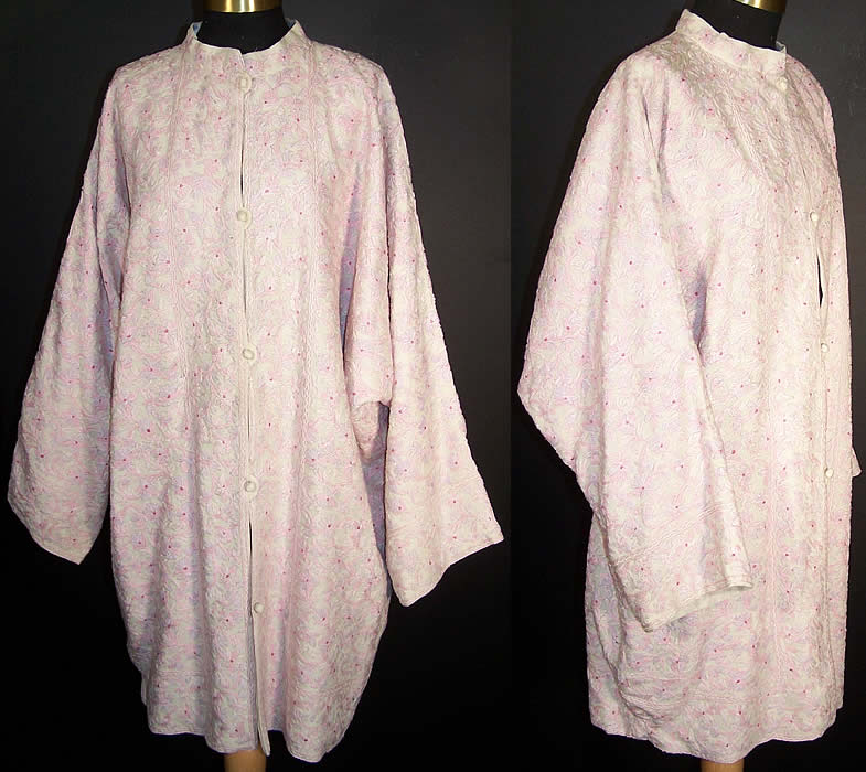 Antique Pink Purple Floral Crewel Work Embroidery Coat Front view.