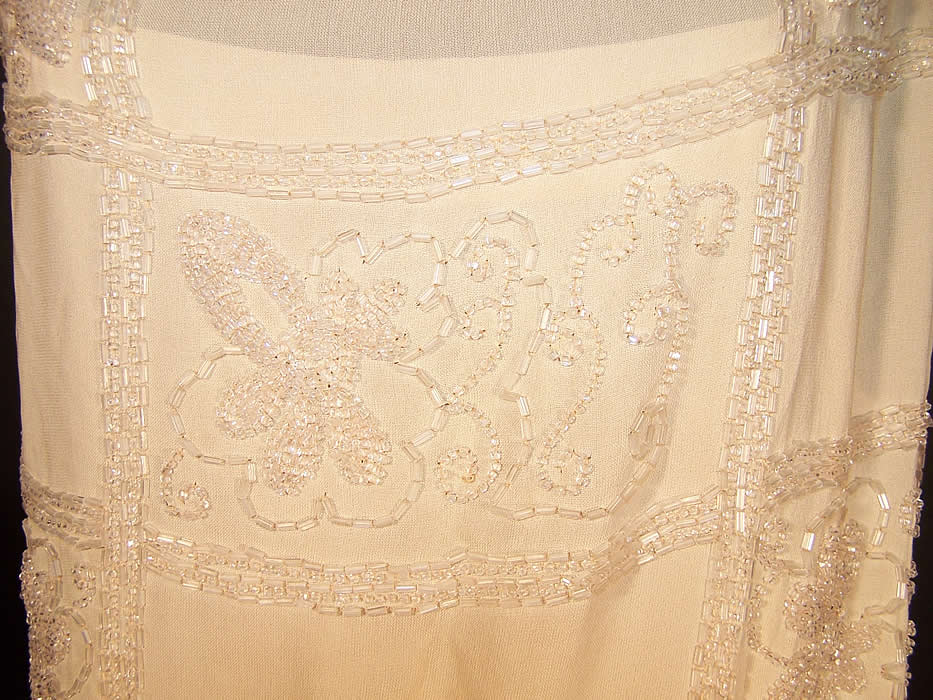 Cream Silk Beaded Ruffled Drop Waist Flapper Dress  Back View.