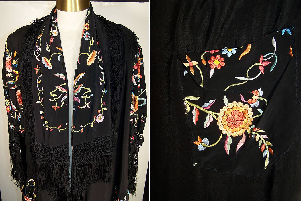 Antique Floral Silk Embroidered Piano Shawl Robe Coat 