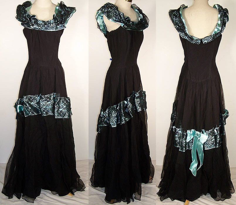 Vintage Black Lace Blue Satin Formal Gown Dress  Front view.