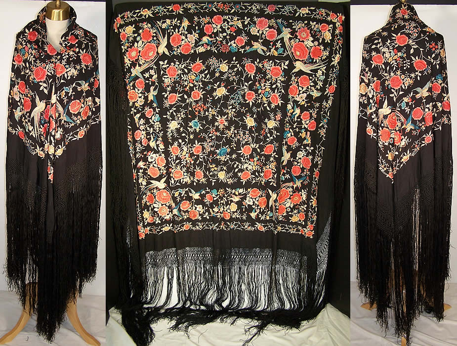 Antique Pastel Embroidered Floral Bird Canton Piano Shawl Front view.