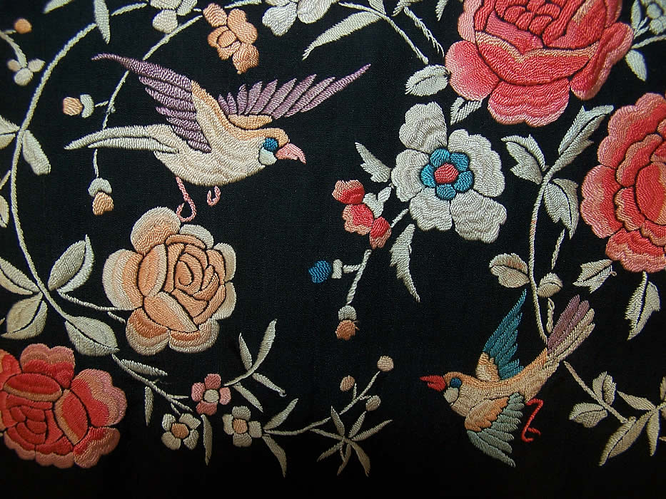 Antique Pastel Embroidered Floral Bird Canton Piano Shawl Close-up view.