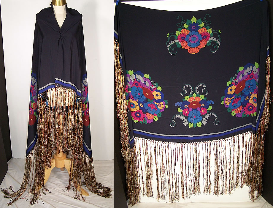 Art Deco Silk Screen Floral Fringe Shawl Scarf Front view.
