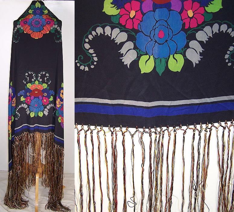 Art Deco Silk Screen Floral Fringe Shawl Scarf Back View.