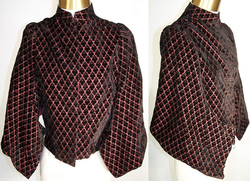 Victorian Red & Black Voided Velvet Mantle Cape Jacket  Front view.