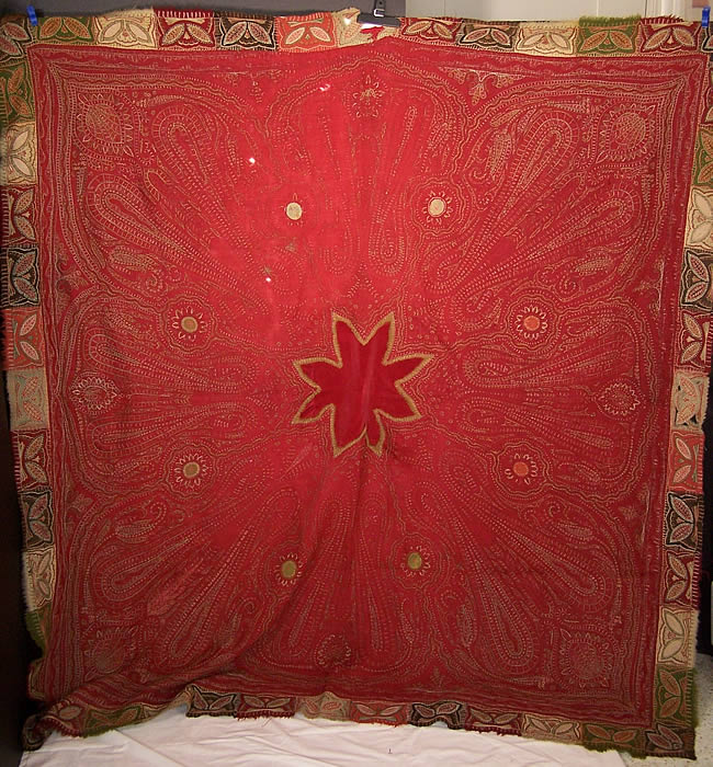 Antique Kashmir Hand Embroidered Red Wool Paisley Shawl Front View.