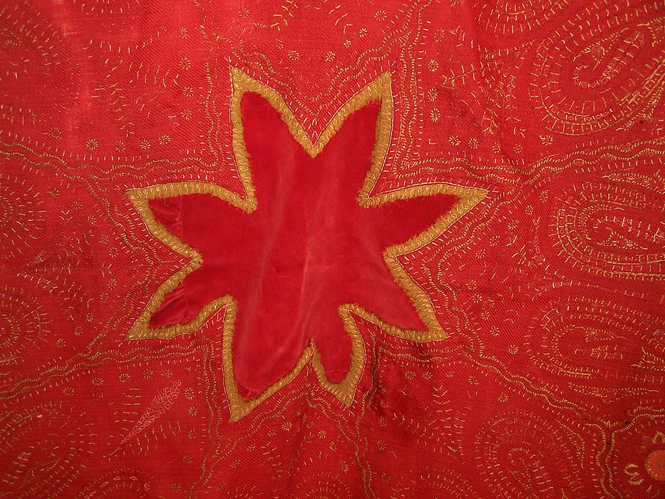 Antique Kashmir Hand Embroidered Red Wool Paisley Shawl close-up view.