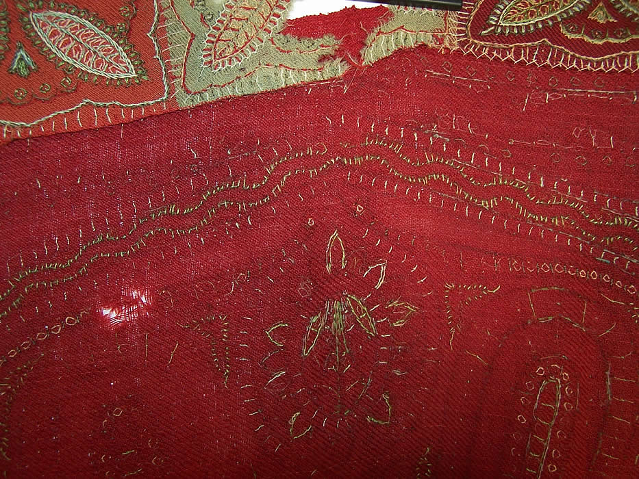 Antique Kashmir Hand Embroidered Red Wool Paisley Shawl Close up.