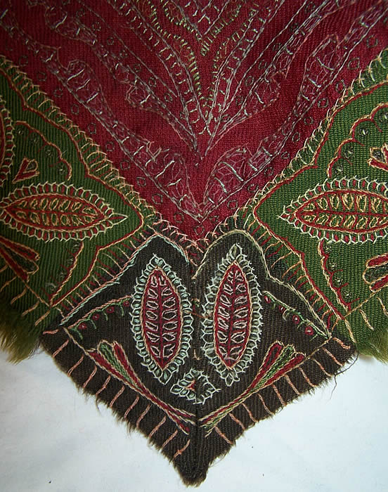  Antique Kashmir Hand Embroidered Red Wool Paisley Shawl Close up.