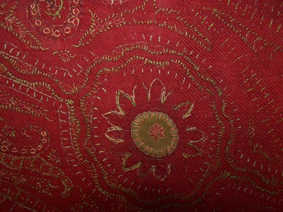 Antique Kashmir Hand Embroidered Red Wool Paisley Shawl Close up.