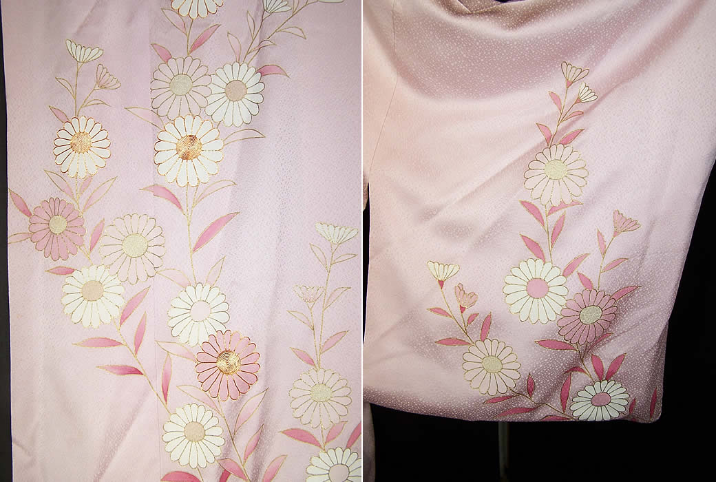 Japanese Geisha Pink Daisy Mon Silk Screen Kimono
