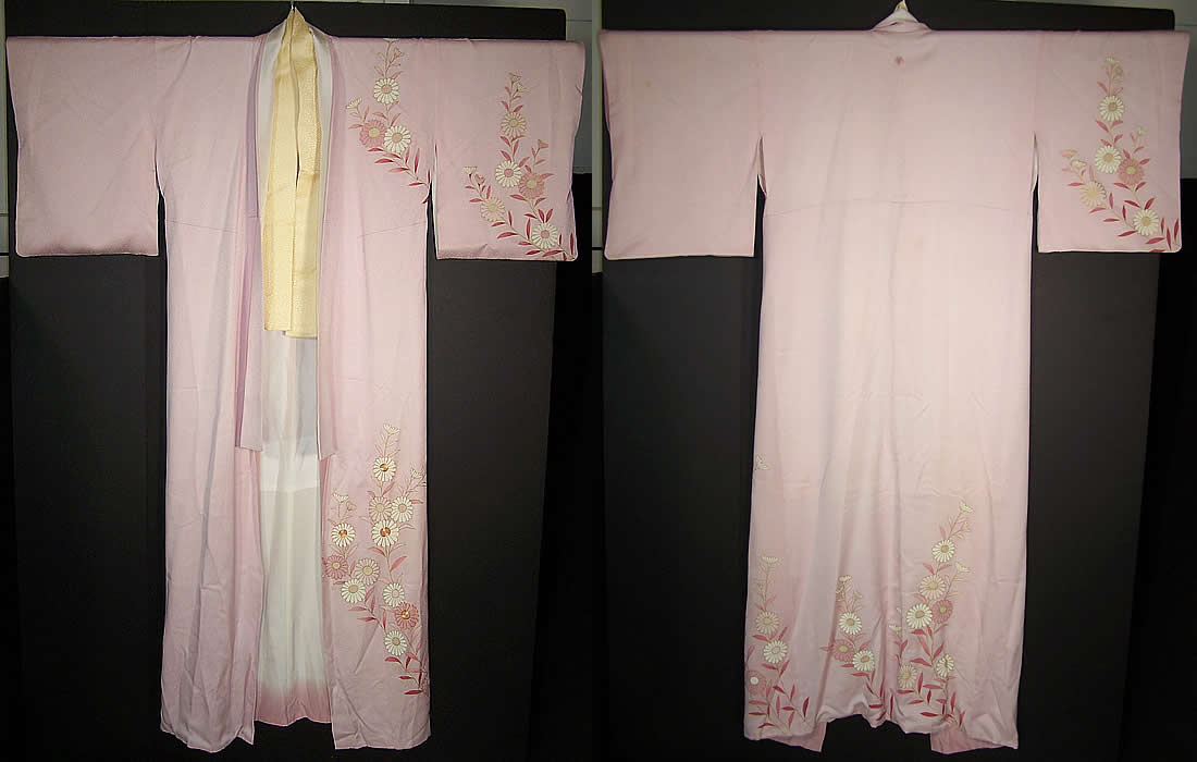 Japanese Geisha Pink Daisy Mon Silk Screen Kimono