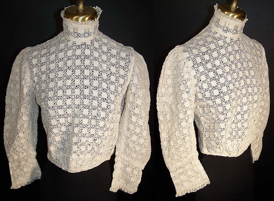  Victorian Antique White Drawnwork Lace Blouse Front view.