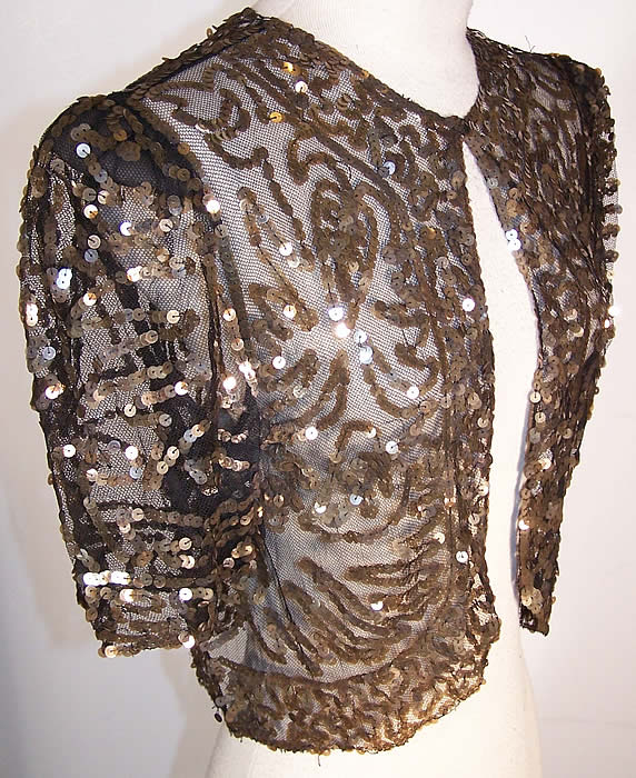 Art Deco Gold Sequin Beaded Bolero Cropped Jacket Side View.