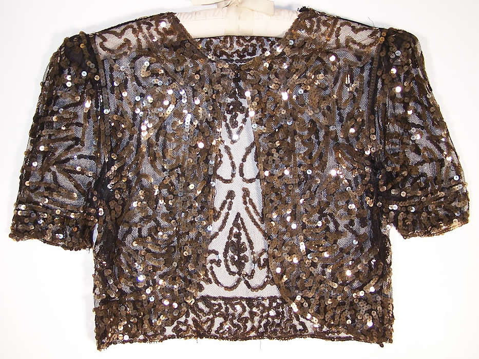 Art Deco Gold Sequin Beaded Bolero Cropped Jacket Close up.