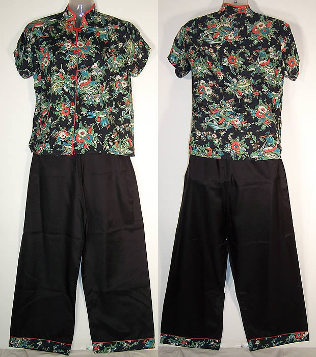 Vintage Youth Charm Chinese Fishing Print Rayon Pajamas  Front view.