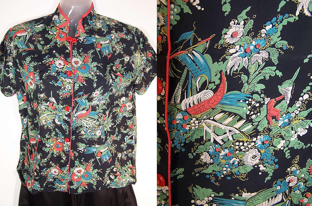 Vintage Youth Charm Chinese Fishing Print Rayon Pajamas Close-up View.