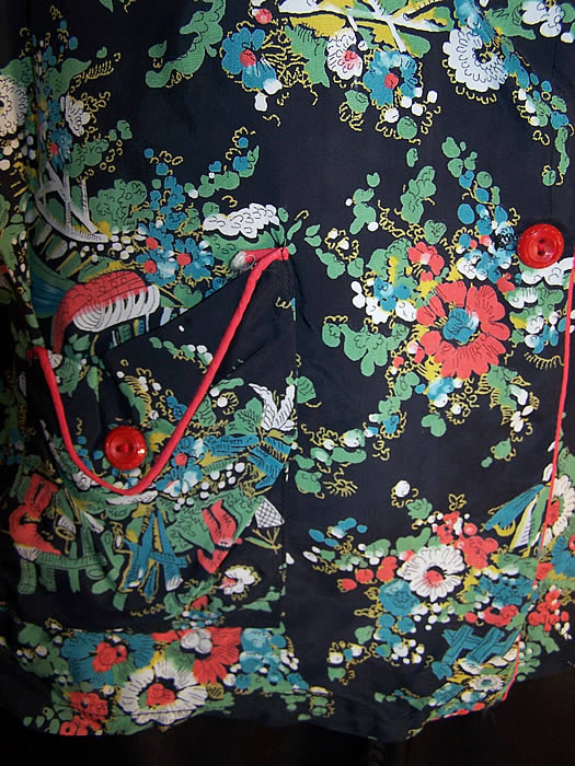 Vintage Youth Charm Chinese Fishing Print Rayon Pajamas close-up view.