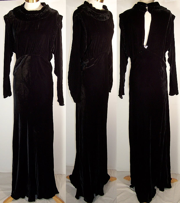 Vintage Black Velvet Dolman Sleeve Bias Cut Dress Gown Front view.