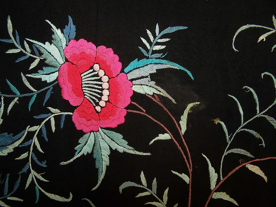 Antique Floral Silk Embroidered Large Canton Piano Shawl 
