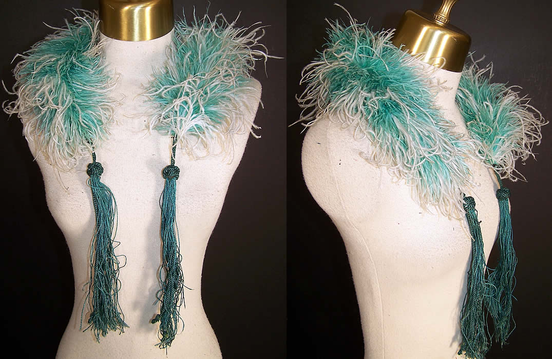 Victorian Teal Blue Green Ostrich Feather Neck Boa Collar   Front view.