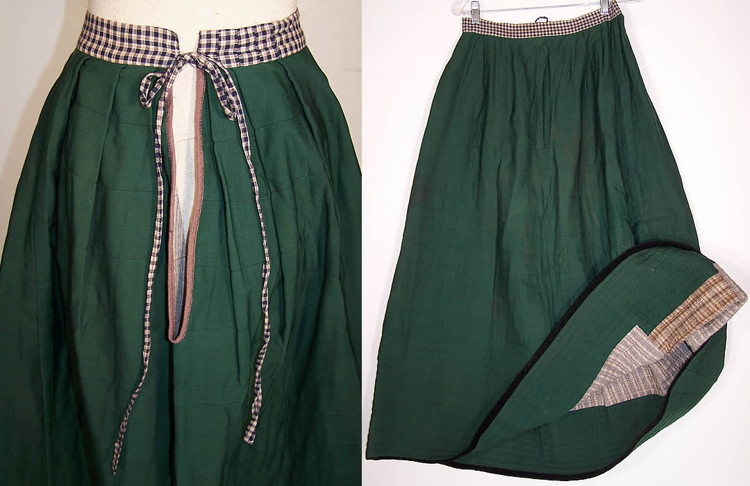 Victorian Green Wool Flannel Lined Quilted Petticoat Skirt Back View.