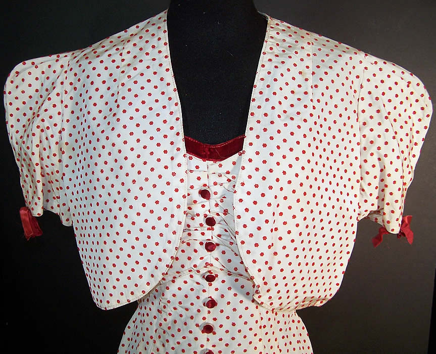 Vintage Red & White Polka Dot Dress Gown Bolero Jacket close-up view.