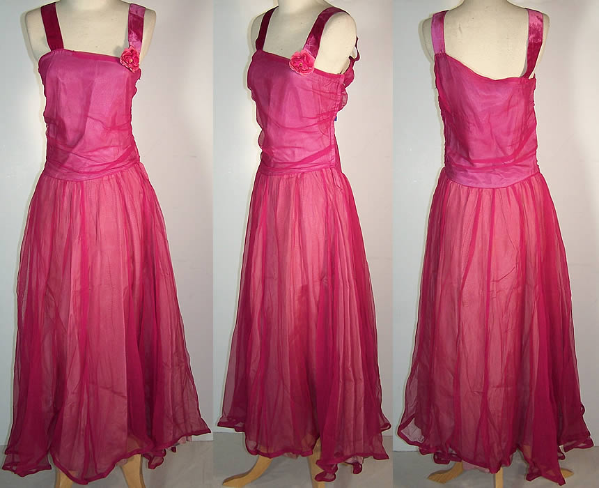Vintage Fuchsia Pink Silk Chiffon Party Dress Front view.