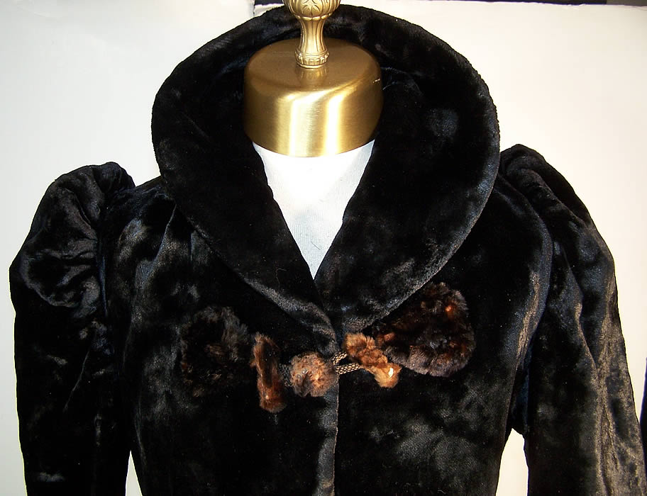 Victorian Plush Velvet Beaver Fur Winter Coat Jacket Close-up View.