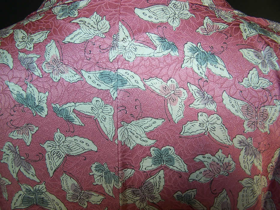  Japanese Geisha Silk Screen Pink Butterfly Kimono close-up view.