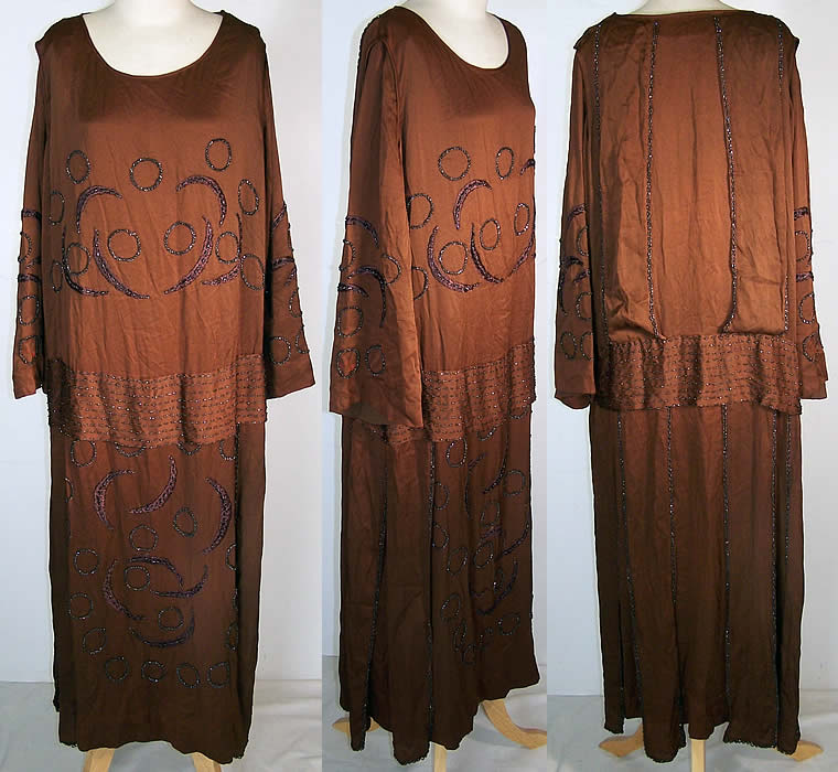 Art Deco Brown Silk Beaded Drop Waist Flapper Dress   Front view.