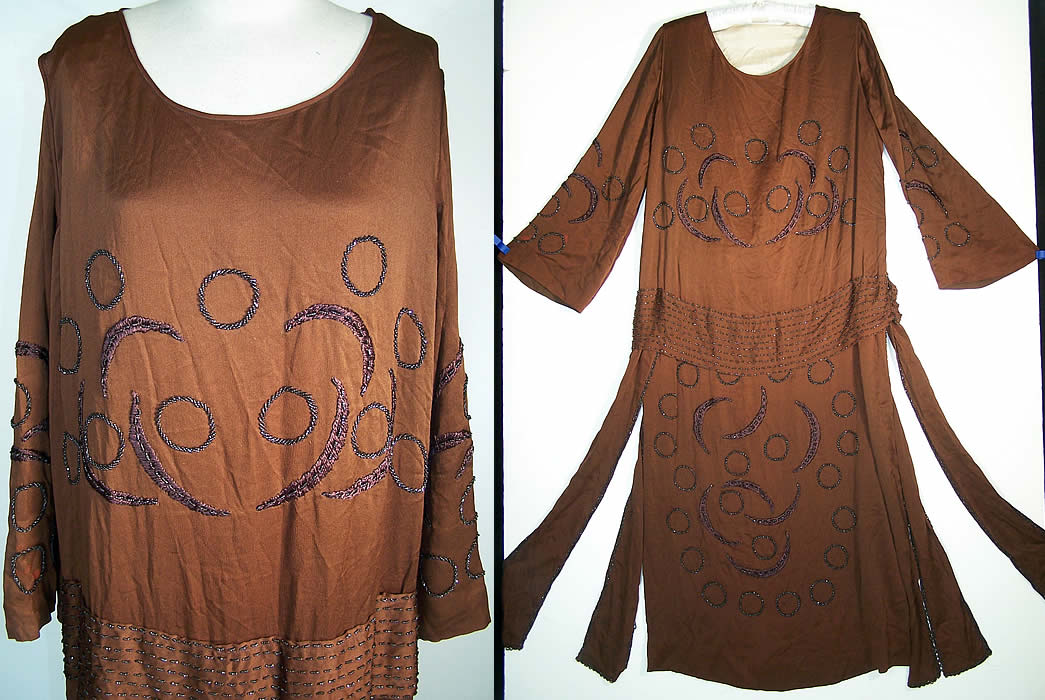 Art Deco Brown Silk Beaded Drop Waist Flapper Dress Front View.