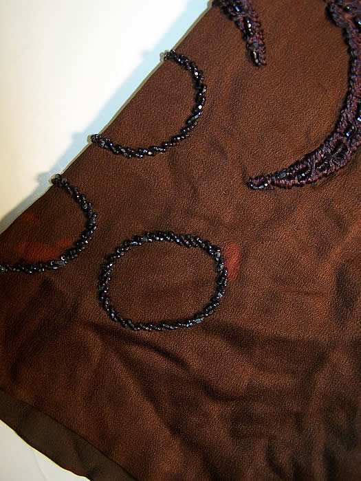 Art Deco Brown Silk Beaded Drop Waist Flapper Dress close-up view.